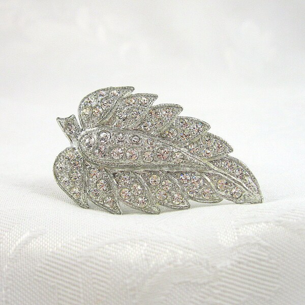 Vintage Dress Clip Leaf Shaped Rhinestone Crystal Silvertone Restored