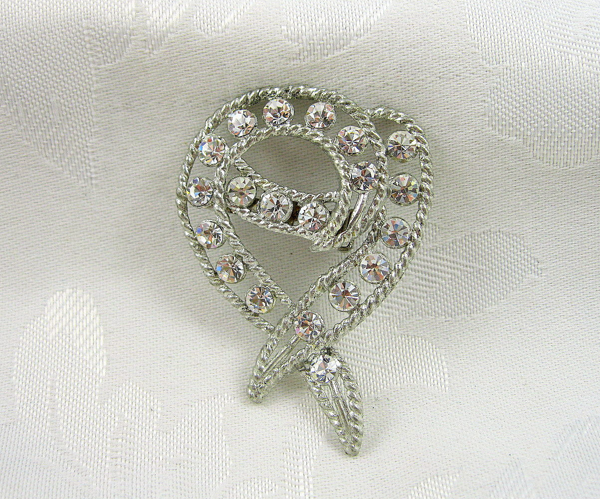 Vintage Ribbon Brooch Rhinestone Crystal Silvertone - Etsy
