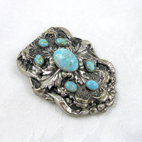 Vintage Dress Clip Large Faux Turquoise Cabochon Silvertone