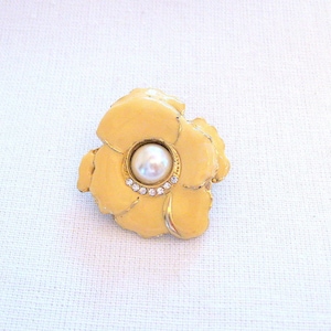 Vintage Enamel Flower Brooch Rhinestone Cabochon Goldtone