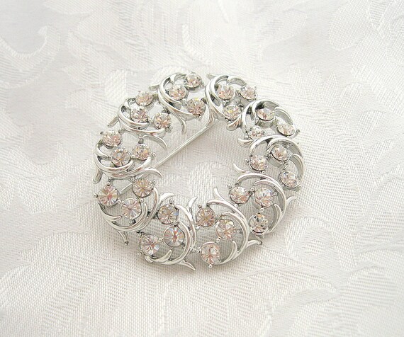 Vintage Floral Brooch Rhinestone Crystal Silverto… - image 2