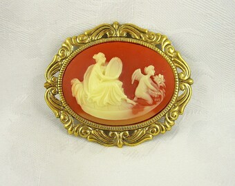 Vintage Cameo Brooch Woman Cherub Off White Coral Goldtone Frame