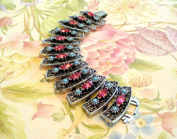 Vintage Rhinestone Bracelet Rose Turquoise Bead S… - image 3