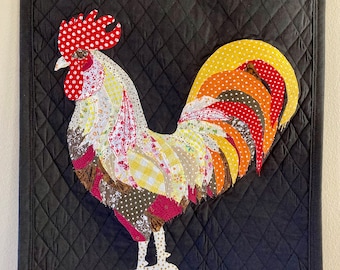 Fabric Collage Rooster Mini Quilt Wall Art / Quilted Rooster Wall Hanging