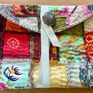 Hand Stitched Quilted Colorful Fabric Button Pouch / Cosmetic Bag / Wallet / Card Holder / Organizer