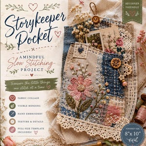May include: A fabric collage project titled Storykeeper Pocket featuring hand embroidery of a pink flower, visible mending, and lace trim. The project includes a button, decorative stitching, and a finished size of 8 inches by 10 inches.