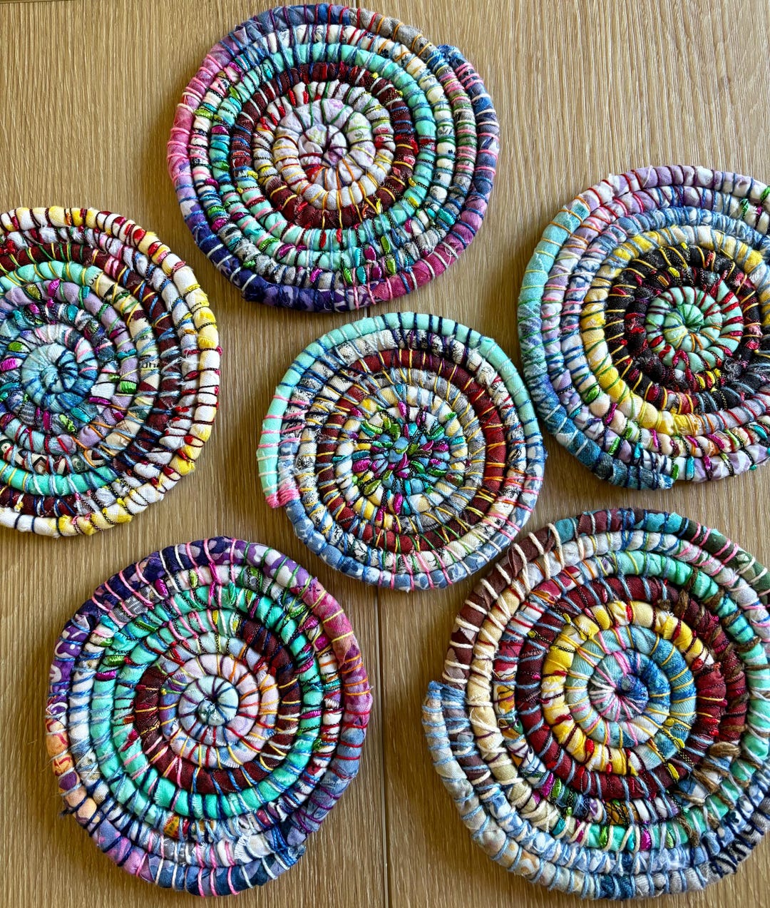 Scrappy Fabric Coiled Rope Coasters, Colorful, Hand Stitched - Etsy