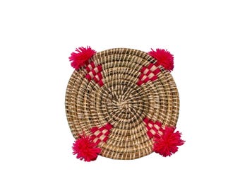 Moroccan Woven Basket with Pompoms | Natural Grass Wall Basket | Hot Pink Pompom Decor | Boho Wall Art