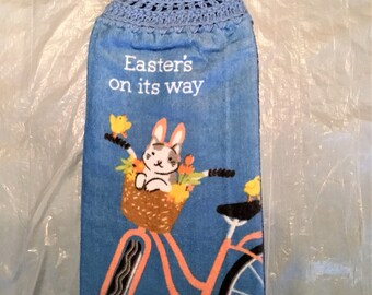 EASTER KITTY On BLUE Plush Double Layer Hanging Crochet Towel, bicycle, cat lover gift, Easter gift, hostess gift, chicks, housewarmin