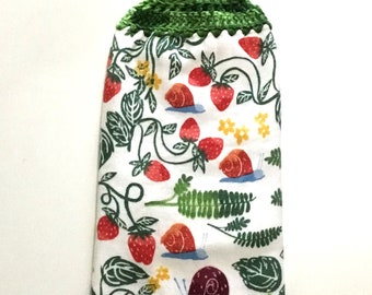 Strawberries  and snails thick double layer hanging crochet towel, dish towel, strawberry lover gift, snail lover gift, kitchen decor, green