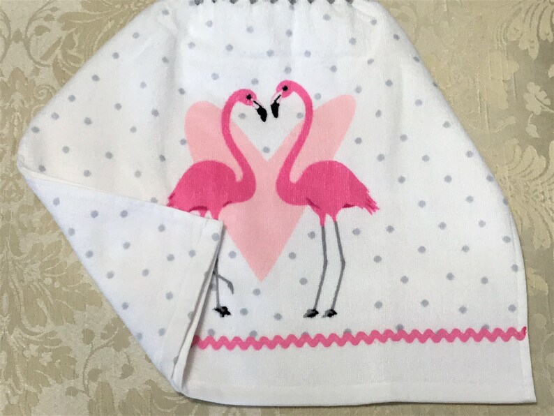 FLAMINGO LOVE Extra Plush Over the Knob Double Layer Hanging Crochet Towel gray housewarming flamingo lover gift hostess gift heart