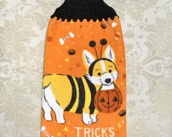 TRICKS FOR TREATS Plush Double Layer Hanging Crochet Towel, dog, dog lover gift, halloween towel, hostess gift, orange, housewarming