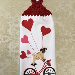 DOG, BICYCLE, BALLOONS Thick Double Layer Hanging Crochet Towel, Valentine towel, dog lover gift, hearts, hostess gift, housewarming
