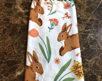 Brown bunnies and flowers thick double layer hanging crochet towel, Easter towel, bunny lover gift, hostess gift, kitchen decor, green