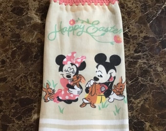 Minne and Mickey Easter thick double layer hanging crochet towel, Disney towel, Easter gift, Mickey lover gift, Minnie lover gift, pink