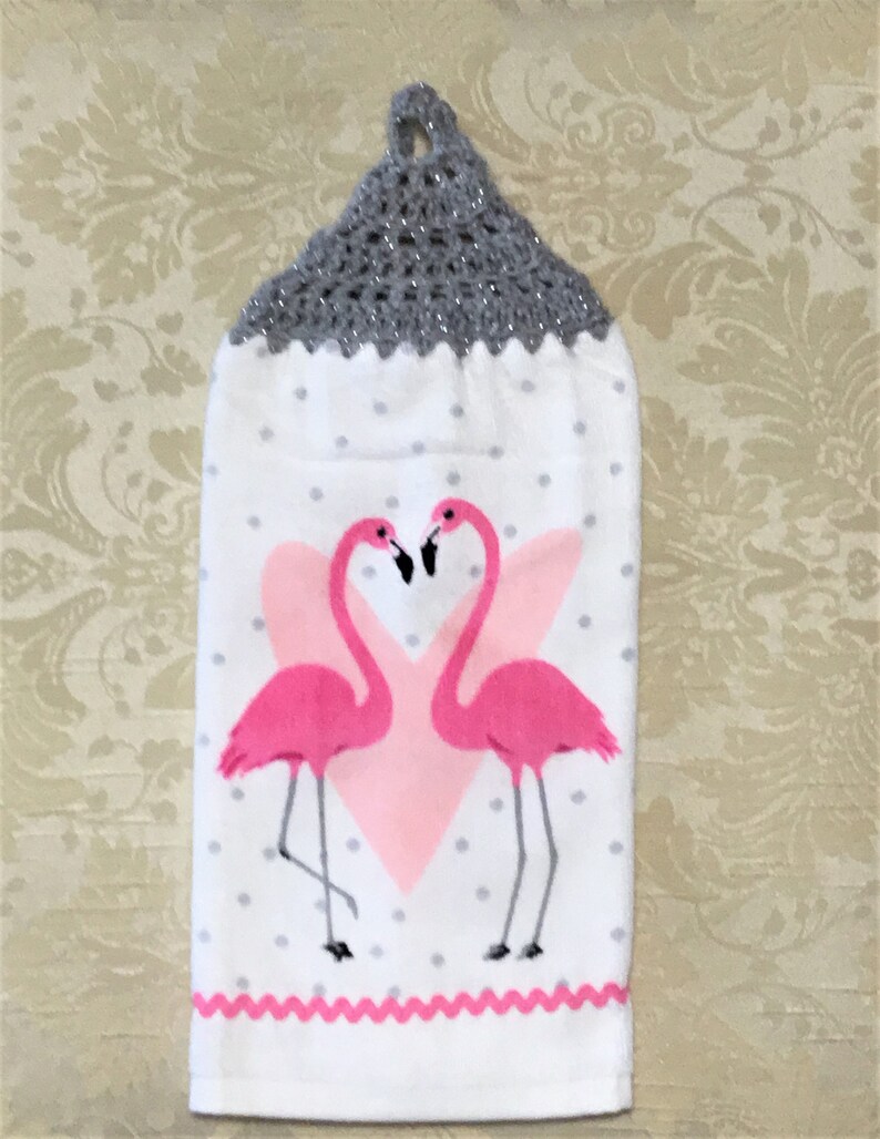 FLAMINGO LOVE Extra Plush Over the Knob Double Layer Hanging Crochet Towel gray housewarming flamingo lover gift hostess gift heart
