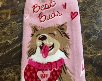 Best buds dog over the knob plush double layer hanging crochet towel, dog lover gift, Valentine towel, kitchen decor, bathroom decor, pink