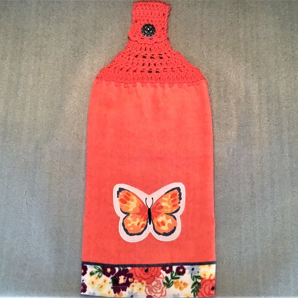 BUTTERFLY And FLOWERS On CORAL Extra Plush Double Layer Hanging Crochet Towel, dish towel, butterfly lover gift, hostess gift, housewarming