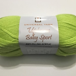 May include: A skein of lime green Universal Yarn Baby Sport anti-pilling acrylic yarn. The yarn is machine washable and dryable.