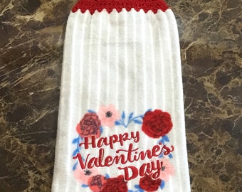 Happy Valentine's Day roses thick double layer hanging crochet towel, roses lover gift, Valentine gift, kitchen decor, bathroom decor, red