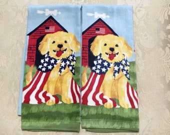 PATRIOTIC DOG Set de 2 serviettes extra en peluche 100% coton, torchon, serviette à main, cadeau d’hôtesse, cadeau de pendaison de crémaillère, serviette d’indépendance