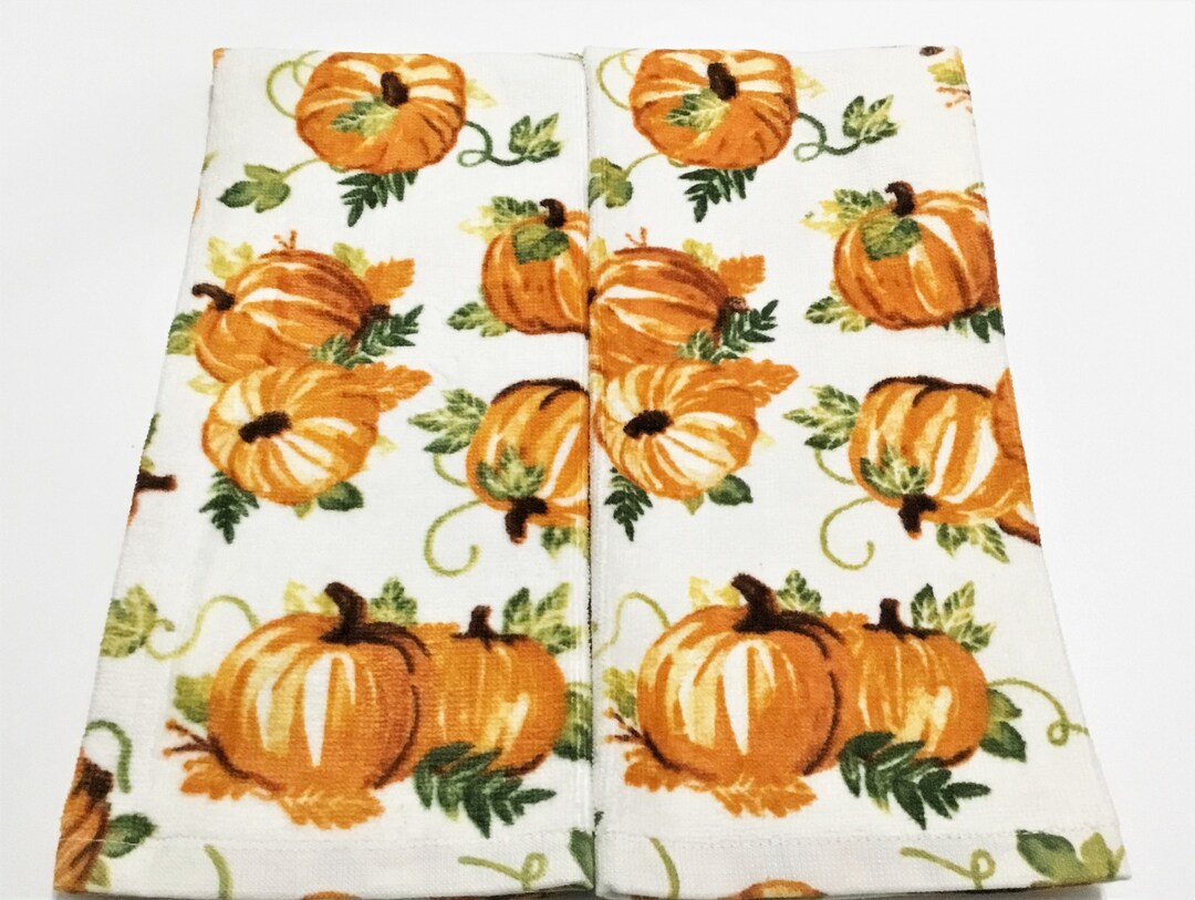 TOSSED PUMPKINS and LEAVES Set of 2 Plush Cotton Kitchen Towel, Dish ...