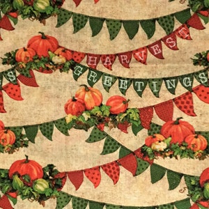 HARVEST GREETINGS BANNER Cotton Fabric, 1 yard, pumpkins, fall fabric, novelty fabric, orange, for sewing, for quilting, for crafting,