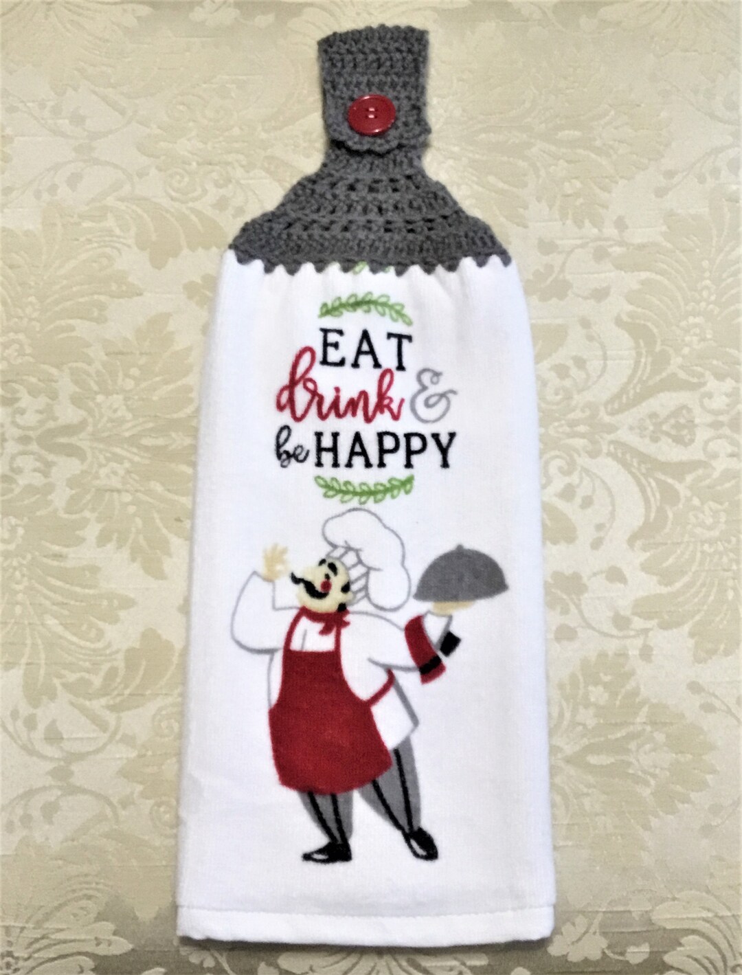 Chef Kitchen Towel: Plush Hanging Crochet Towel, Eat Drink & Be Happy ...