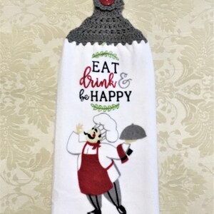 BE HAPPY CHEF Plush Double Layer Hanging Crochet Towel, chef lover gift, gray, fat chef, cook&#39;s gift, hostess gift, housewarming gift