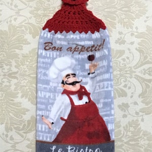 Le Bristro chef plush double layer hanging crochet towel, dish towel, fat chef, gray, hostess gift, housewarming gift, kitchen decor