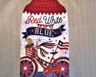 PATRIOTIC BICYCLE And DOG Thick Double Layer Hanging Crochet Towel, dog lover gift bicycle lover gift, July 4th gift, housewarming