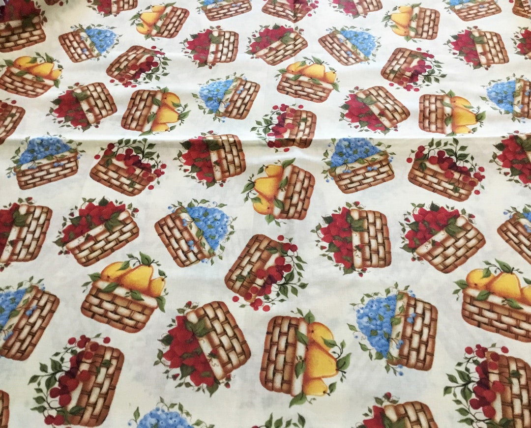 Baskets of Fruit Cotton Fabric, Red, Brown, Yard Fabric, Material