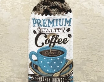 PREMUIM COFFEE Over the Knob Double Layer Hanging Crochet Towel, coffee lover gift, coffee cup, coffee beans, hostess gift, housewarming