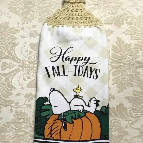 Snoopy and Woodstock Happy Fall-idays thick double layer hanging crochet towel, fall lover gift, hostess gift, housewarming gift, pumpkin