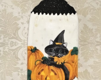 BLACK CAR In PUMPKINSPlush Double Layer Hanging Crochet Towel, halloween towel, cat lover gift, hostess gift, orange, housewarming