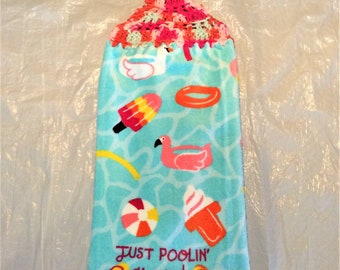JUST POOLIN' AROUND Plush Double Layer Hanging Crochet Towel, pool toys, ice cream, pool lover gift, flip flops, housewarming, pink