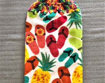 FLIP FLOPS And PINEAPPLES Thick Double Layer Crochet towel, hanging towel, decorative towel, flip flop lover gift, #flip flop, rainbow