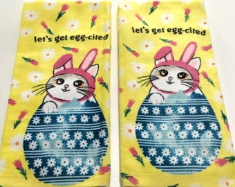 Let's get egg-cited Easter cat set of 2 plush cotton kitchen towels, dish towel, hand towel, Easter towel, cat lover gift, Easter gift, egg