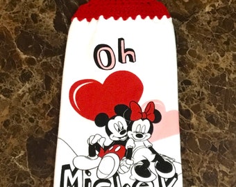 Oh Mickey Valentine thick double layer hanging crochet towel, dish towel, hand towel, Mickey mouse, Minnie mouse, red, Valentine gift