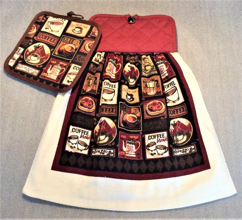COFFEE SAMPLER Double Layer Hanging Decorative Towel housewarming gift coffee cups Pot Holder Set coffee lover gift brown coffee pots