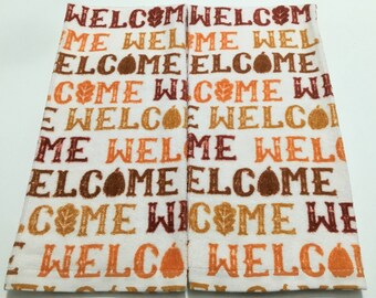 WELCOME PUMPKIN SEASON Set of 2 plush cotton kitchen towels, dish towel, hand towel, tea towel, pumpkins, orange, fall towel