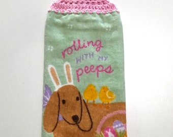 Rollin' with my peeps plush double layer hanging crochet towel, dog, chicks, Easter towel, dog lover gift, Easter gift, kitchen decor, green