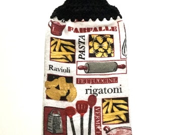 All about pasta double layer hanging crochet towel, dish towel, hand towel, black, red, kitchen decor, pasta lover gift, housewarming gift