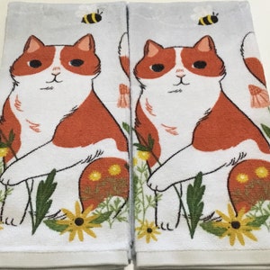 CAT In THE FLOWERS Set of extra thick cotton kitchen towels, dish towel, hand towel, flower garden, cat lover gift, blue, kitchen decor