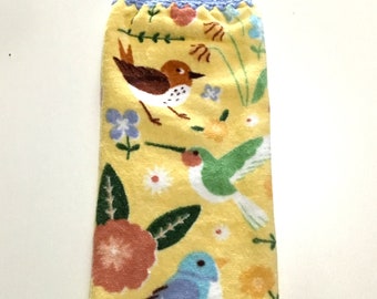 Birds and flowers over the knob plush double layer hanging crochet towel, bird lover gift, yellow, kitchen decor, dish towel, housewarming