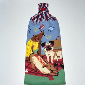 Patriotic Dogs BBQ Crochet Hanging Towel: Kitchen Decor