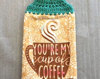 CUP OF COFFEE Double Layer Crochet Towel, hanging towel, coffee love gift, coffee cup, Mother's day gift, hostess gift, housewarming, brown