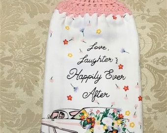 HAPPILY EVER AFTER Thick Double Layer Hanging Crochet Towel, bridal show gift, wedding gift, flowers, saying, pink, housewarming gift