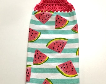 Tossed watermelon slices thick double layer hanging crochet towel, dish towel, watermelon lover gift, pink, aqua, kitchen decor, hand towel