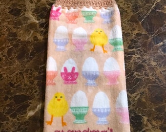 Grandma's hatchlings plush double layer hanging crochet towel, baby chicks, Easter eggs, Easter towel, Easter gift, kitchen decor, chicks